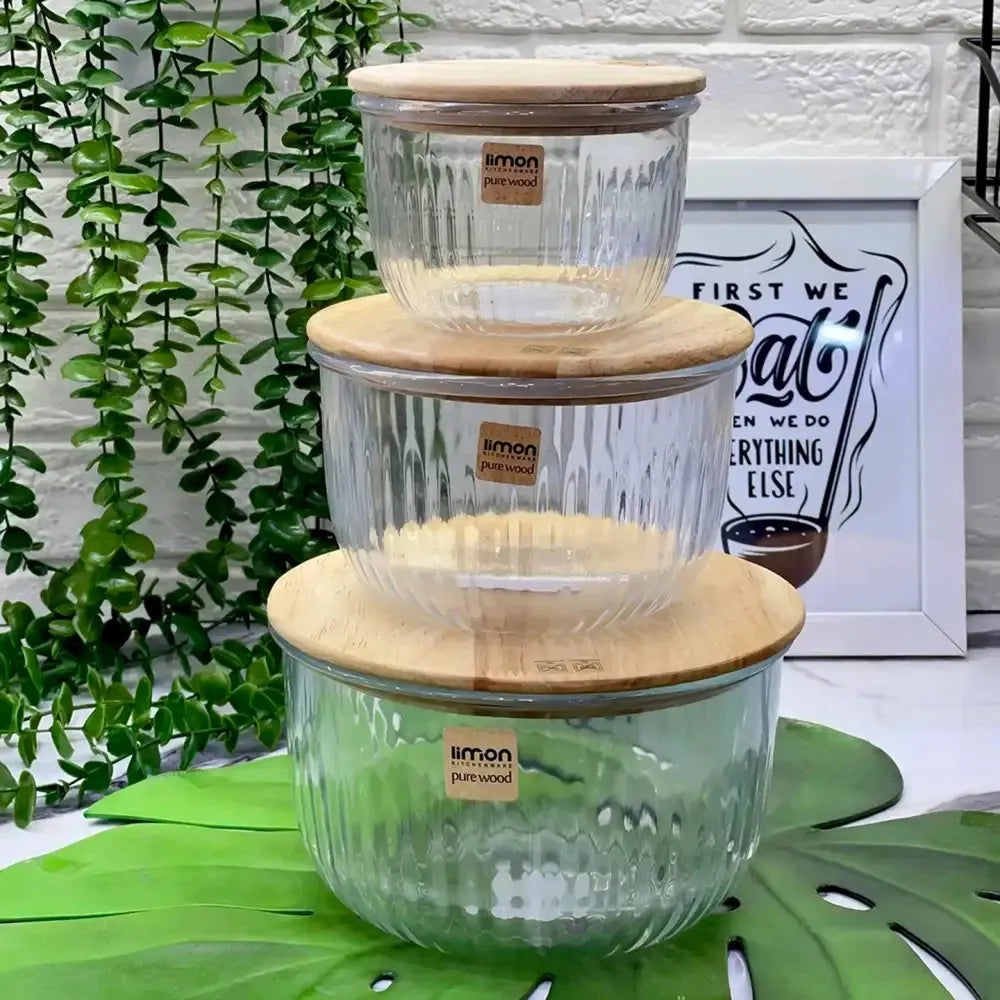 Limon Glass Bowl with Wooden Lid (3-Piece Set)