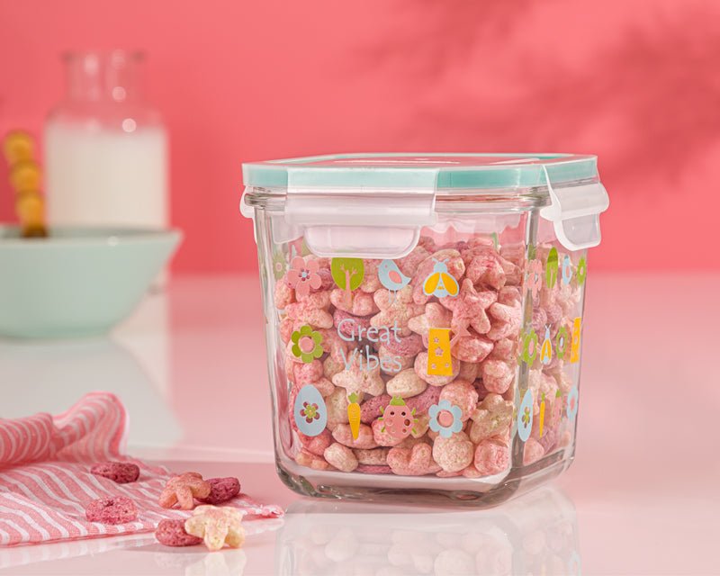 Limon Printed Square Glass Container with 4-Lock Lid 860-Ml