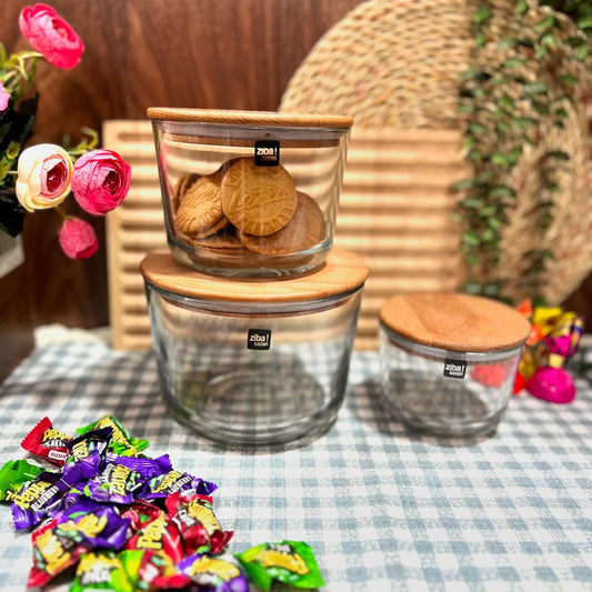 Ziba Wooden Glass Container 3-Pcs Set
