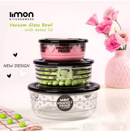 Limon Printed Vacuum Glass Bowl Set 3-Pcs!