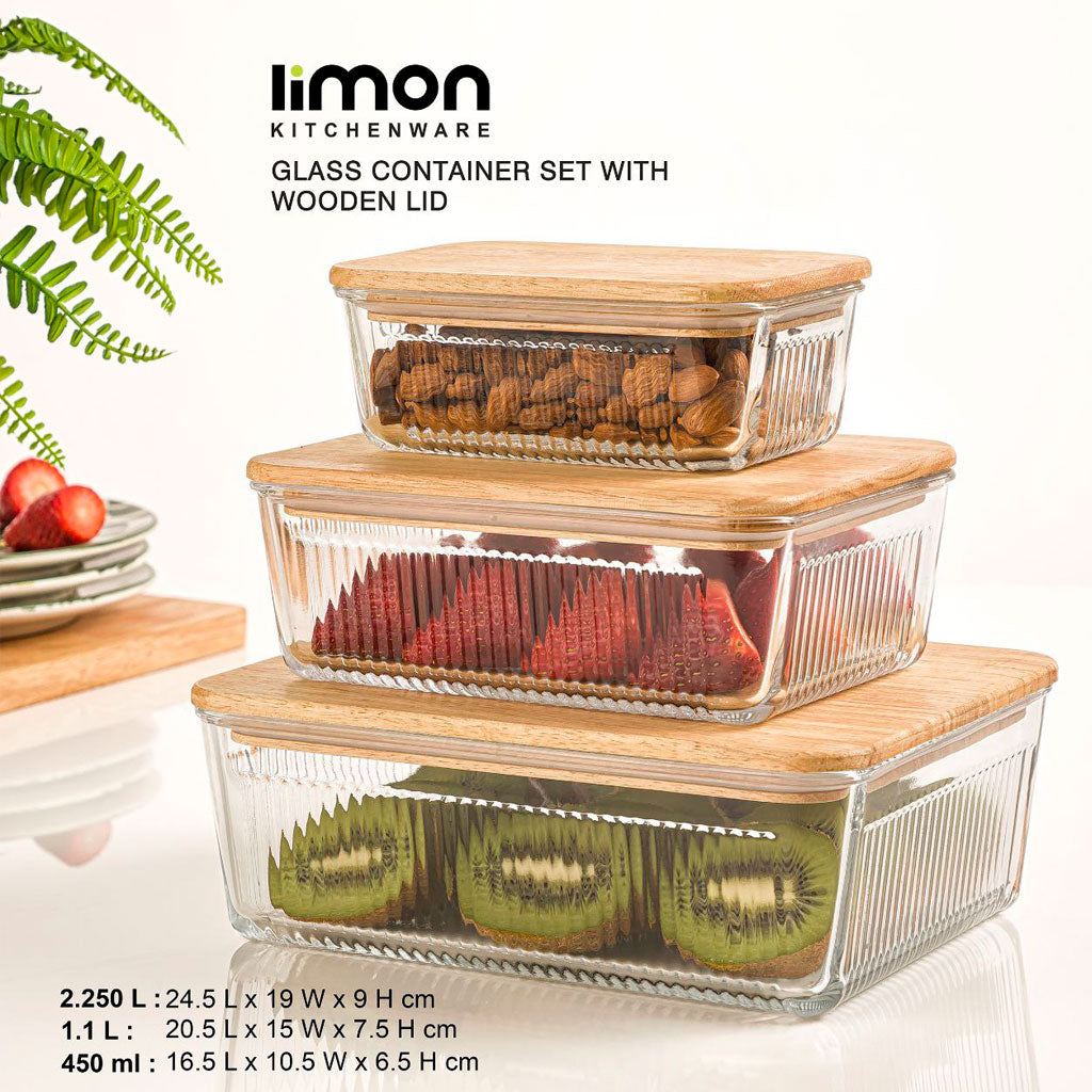 Limon Glass Container with Wooden Lid (3-Piece Set)