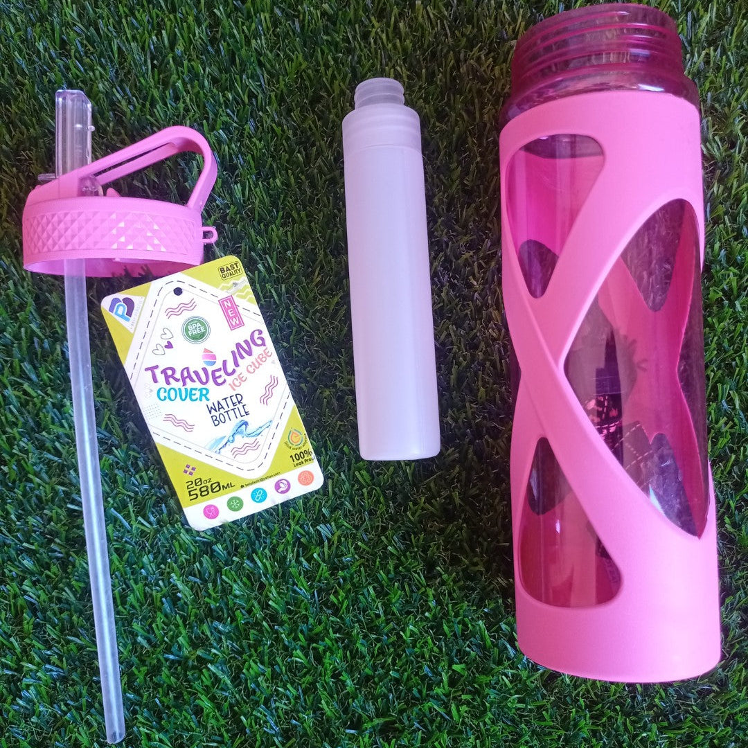 2 in 1 Plastic Water Bottle with String & Straw 580-ml!