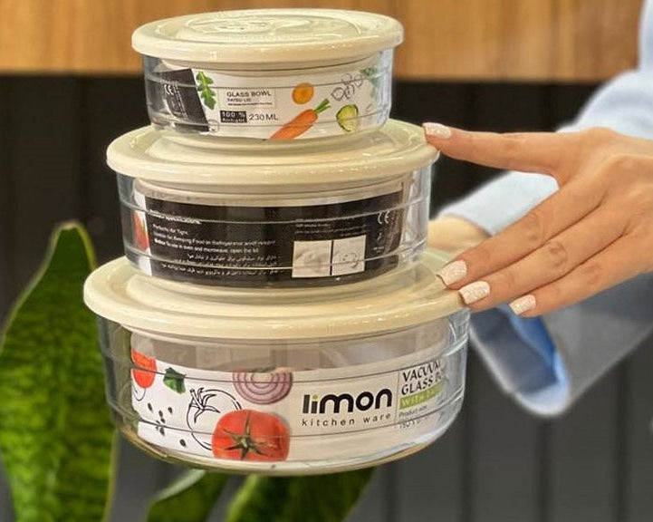 Limon Plain Vacuum Glass Bowl Set 3-Pcs!
