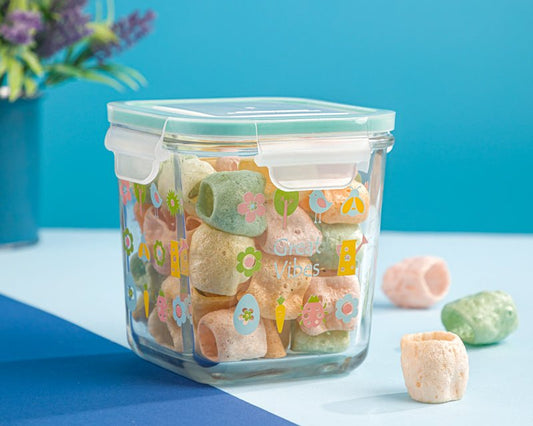 Limon Printed Square Glass Container with 4-Lock Lid 860-Ml