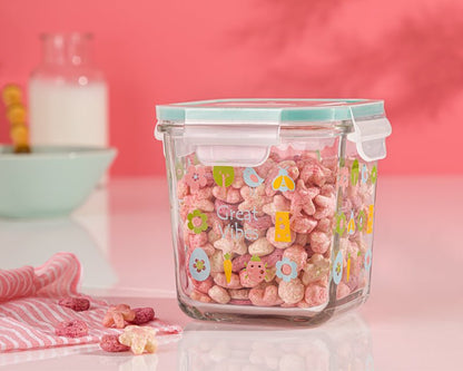 Limon Printed Square Glass Container with 4-Lock Lid 860-Ml