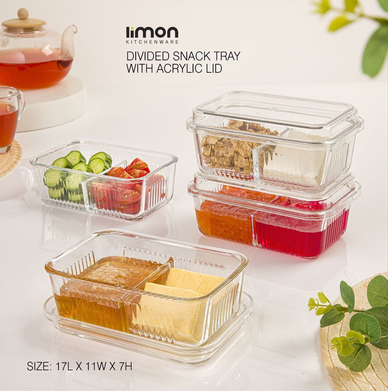 Limon Glass Snack Serving Tray with Acrylic Lid