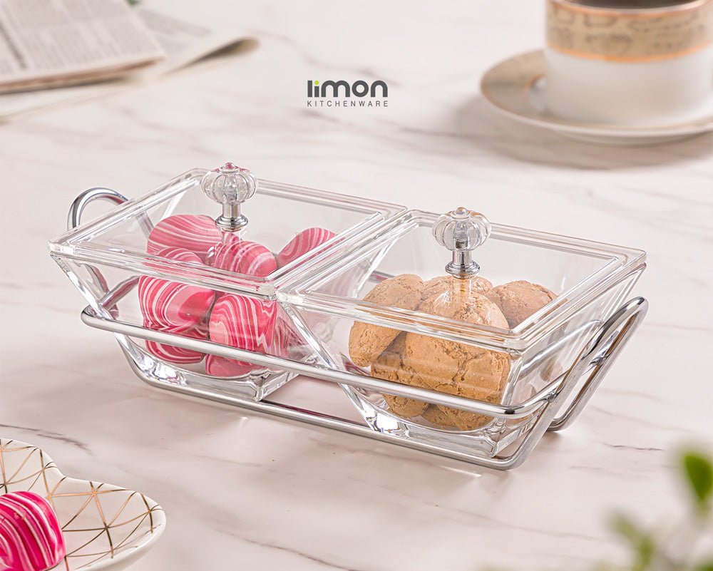 Limon Glass Snack Serving Tray 2-Sections (Square)