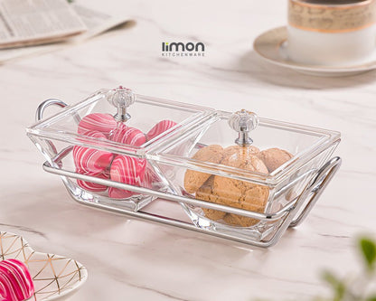 Limon Glass Snack Serving Tray 2-Sections (Square)