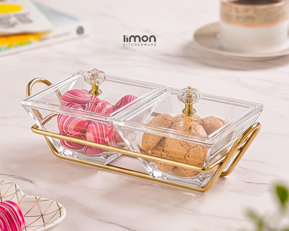 Limon Glass Snack Serving Tray 2-Sections (Square)