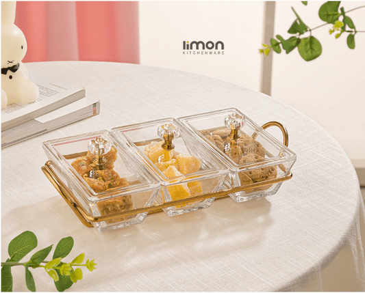 Limon Glass Snack Serving Tray 3-Sections (Rectangle)