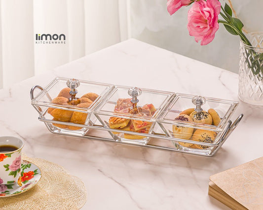 Limon Glass Snack Serving Tray 3-Sections (Square)