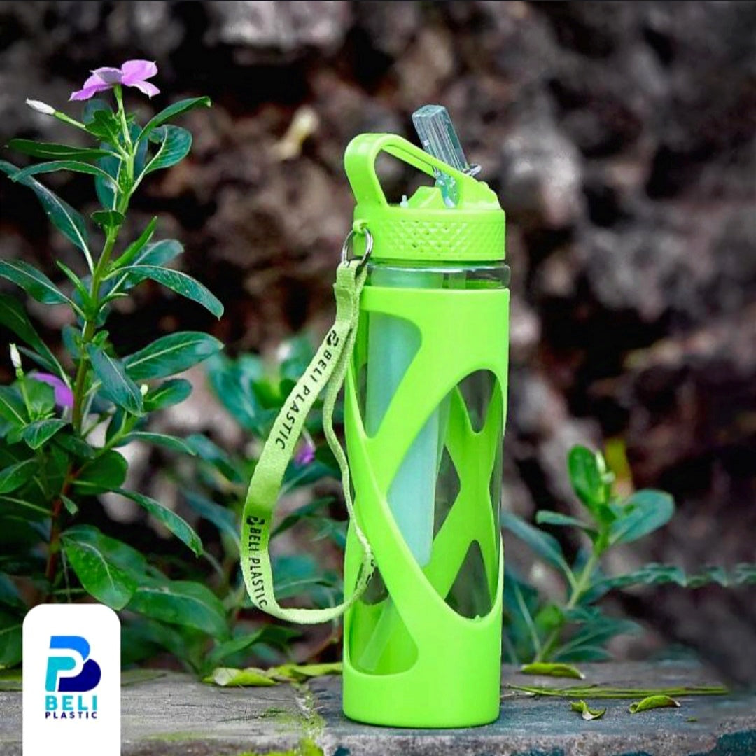 2 in 1 Plastic Water Bottle with String & Straw 580-ml!